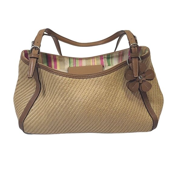 Fossil Woven Tan Shoulder Bag Leather Accents Striped Interior - Picture 1 of 11